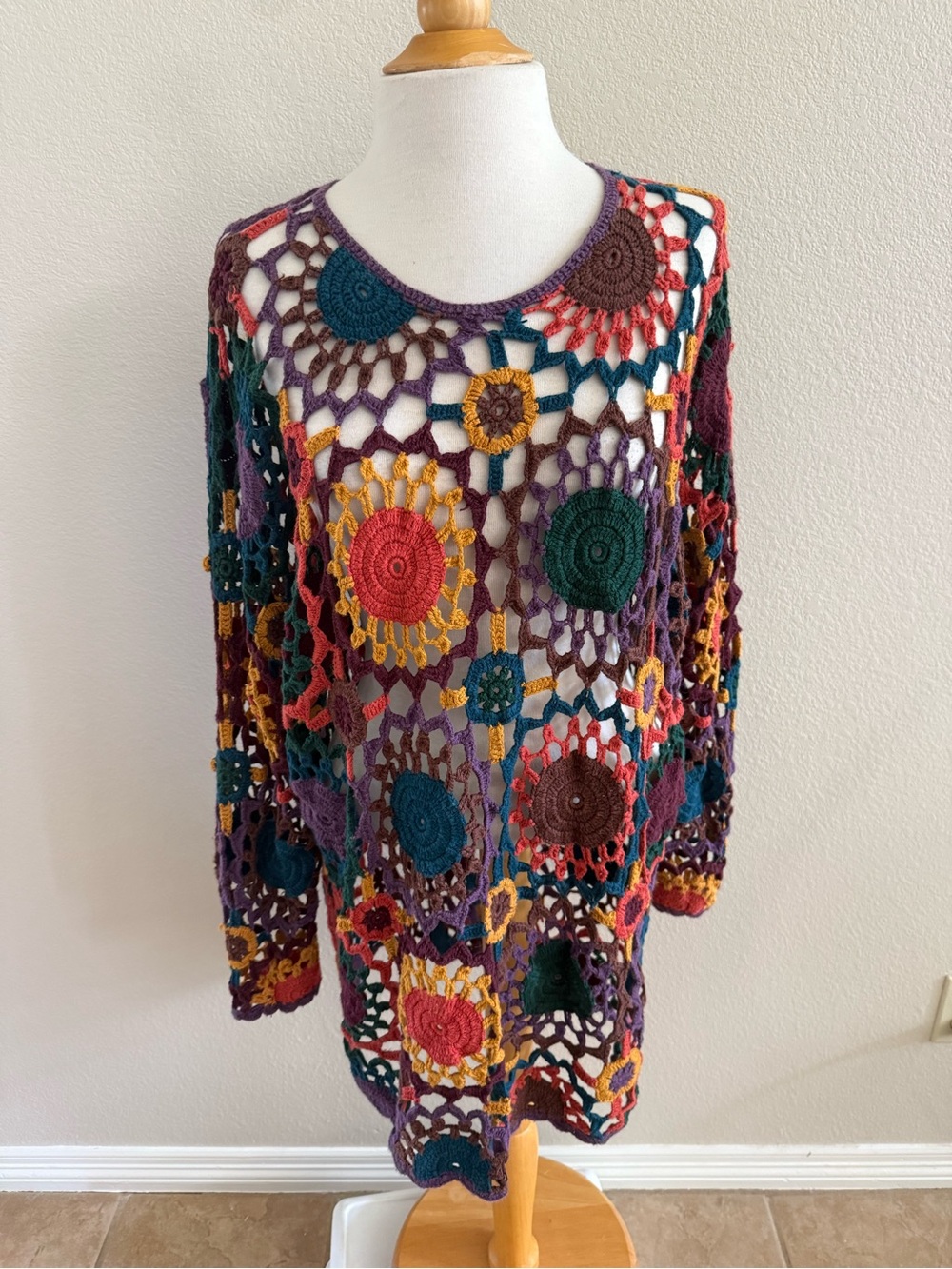 Women's Top Shirt Open Weave Crochet SZ L  Boho Festival Multi Color